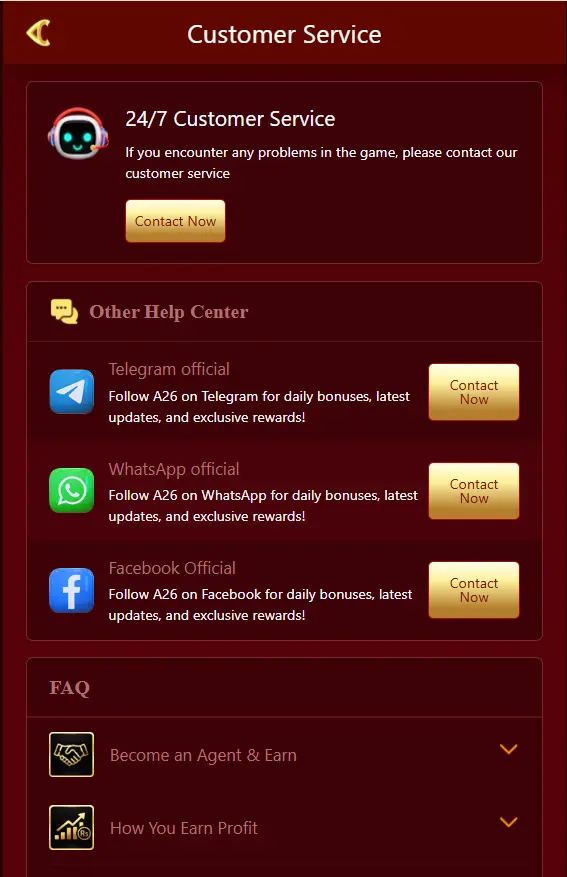 A26 Game Customer Support Page